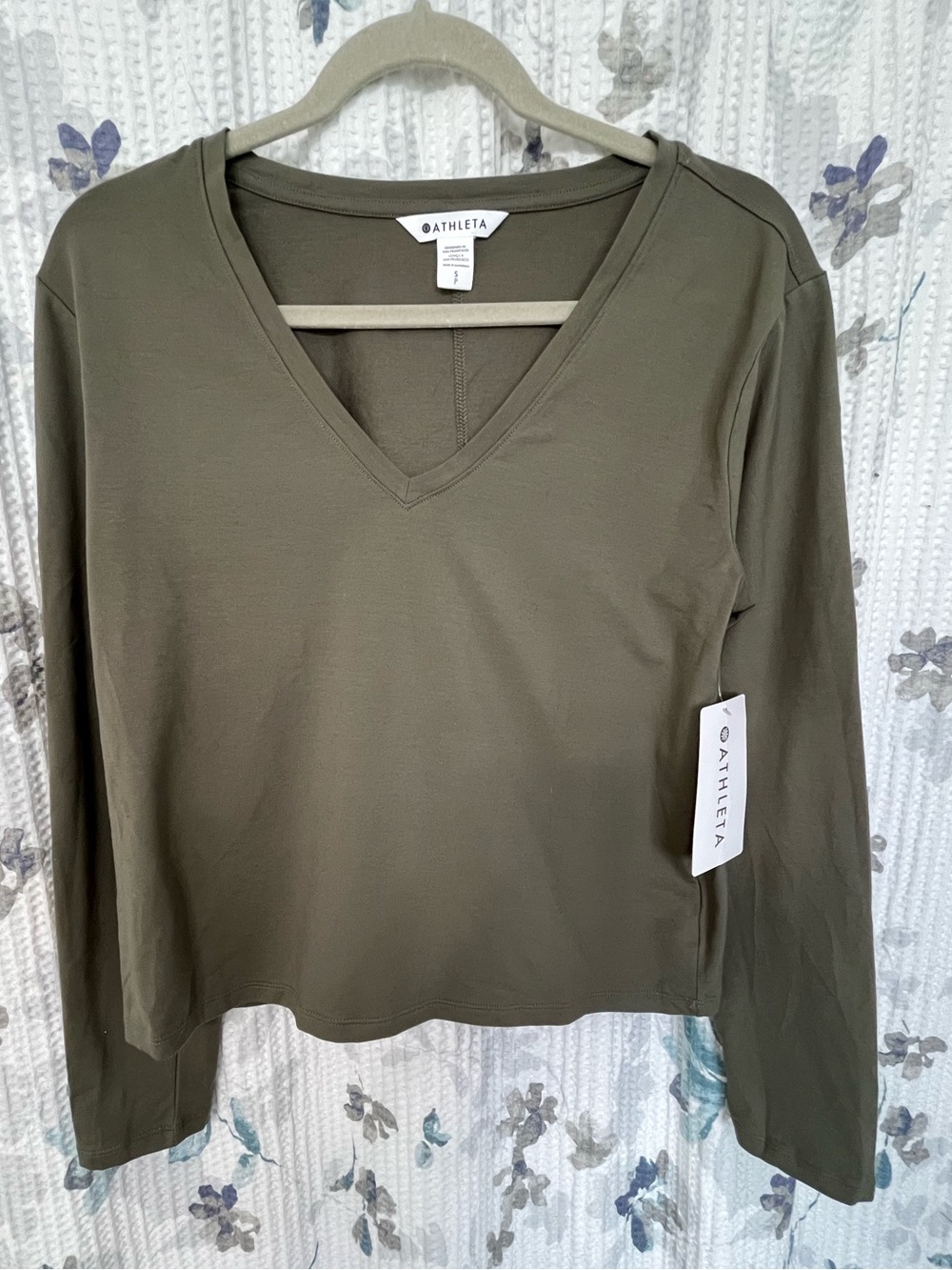 Athleta Olive Green V-Neck Long Sleeve Tee
